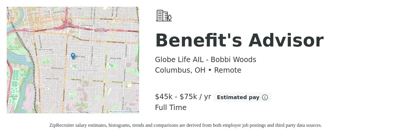 Globe Life AIL - Bobbi Woods job posting for a Benefit's Advisor in Columbus, OH with a salary of $45,000 to $75,000 Yearly with a map of Columbus location.