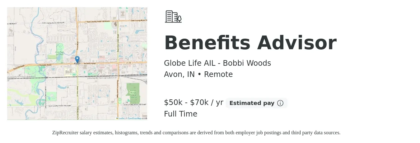 Globe Life AIL - Bobbi Woods job posting for a Benefits Advisor in Avon, IN with a salary of $50,000 to $70,000 Yearly with a map of Avon location.