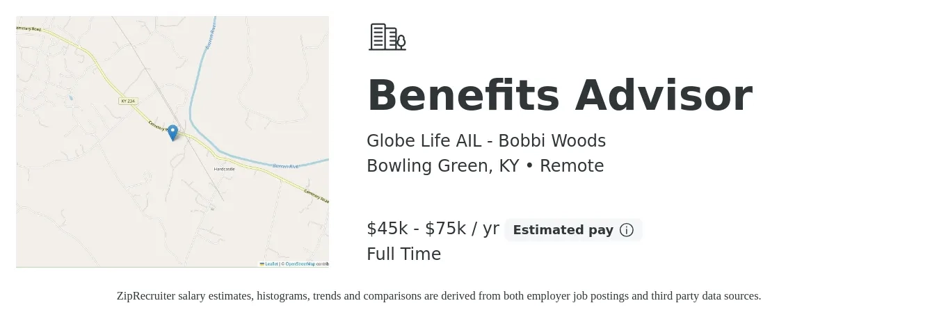 Globe Life AIL - Bobbi Woods job posting for a Benefits Advisor in Bowling Green, KY with a salary of $45,000 to $75,000 Yearly with a map of Bowling Green location.