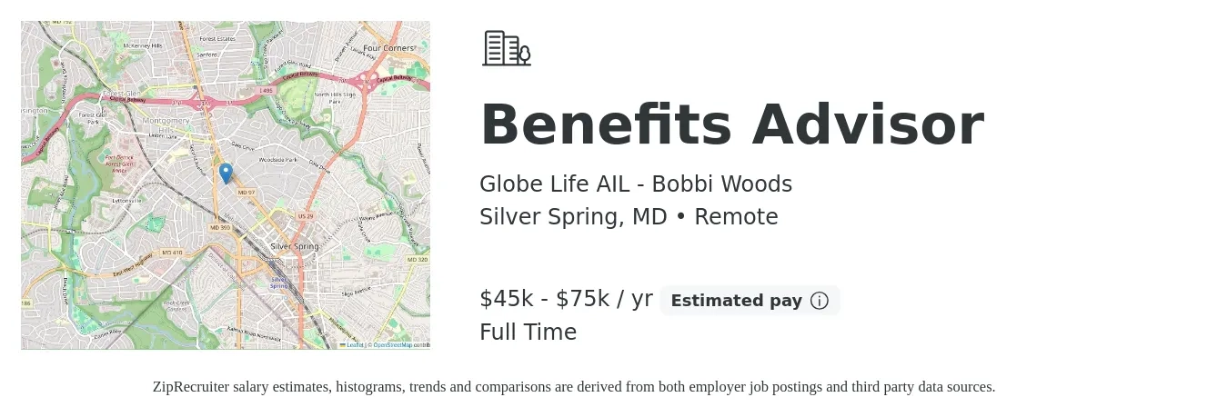 Globe Life AIL - Bobbi Woods job posting for a Benefits Advisor in Silver Spring, MD with a salary of $45,000 to $75,000 Yearly with a map of Silver Spring location.