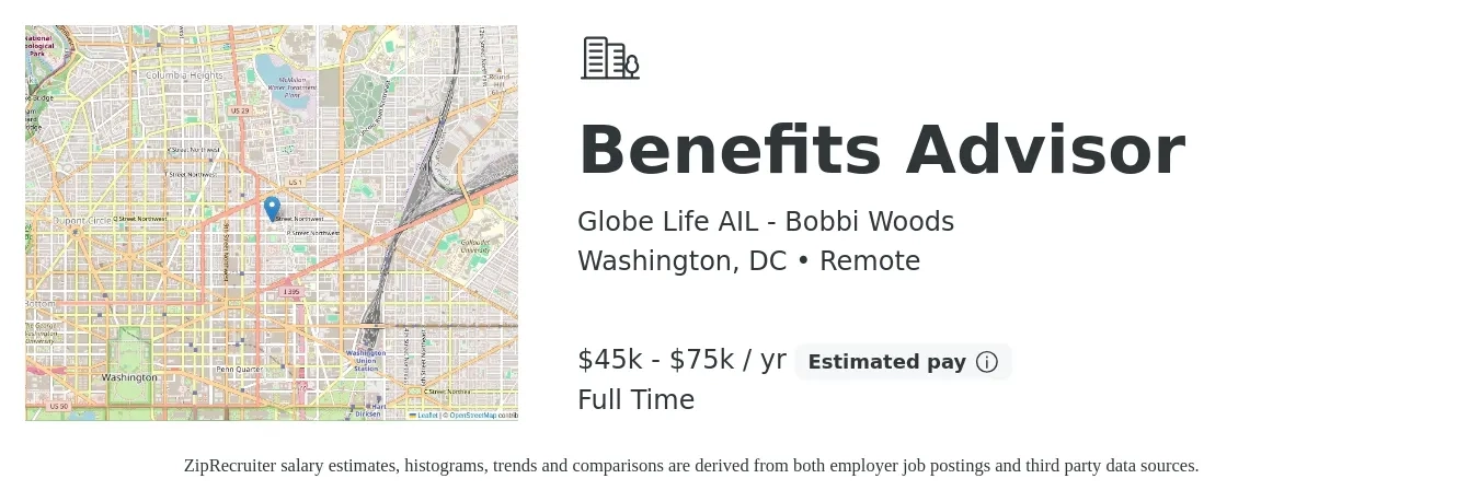 Globe Life AIL - Bobbi Woods job posting for a Benefits Advisor in Washington, DC with a salary of $45,000 to $75,000 Yearly with a map of Washington location.