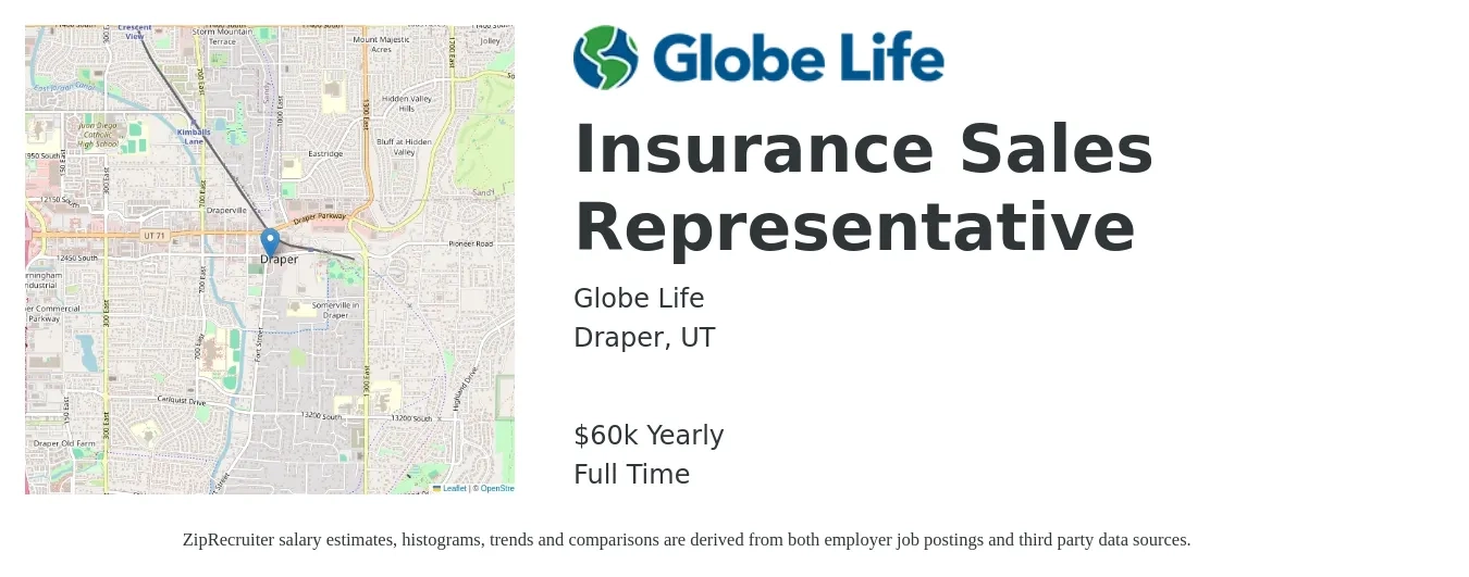 Globe Life job posting for a Insurance Sales Representative in Draper, UT with a salary of $60,000 Yearly with a map of Draper location.