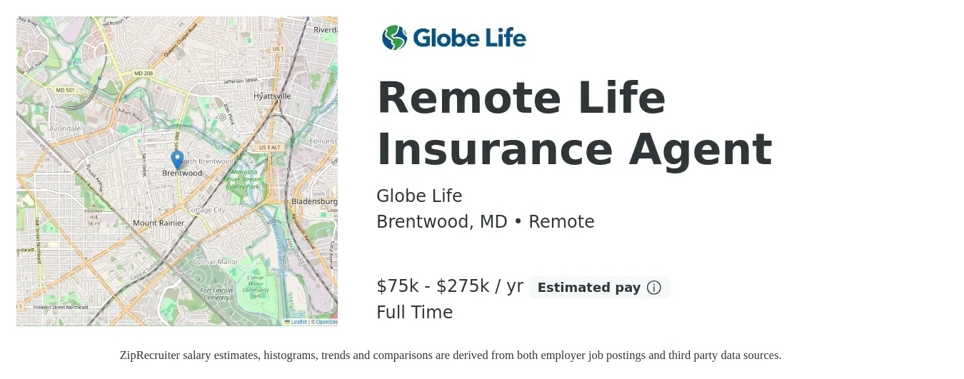 Globe Life job posting for a Remote Life Insurance Agent in Brentwood, MD with a salary of $75,000 to $275,000 Yearly and benefits including life_insurance with a map of Brentwood location.