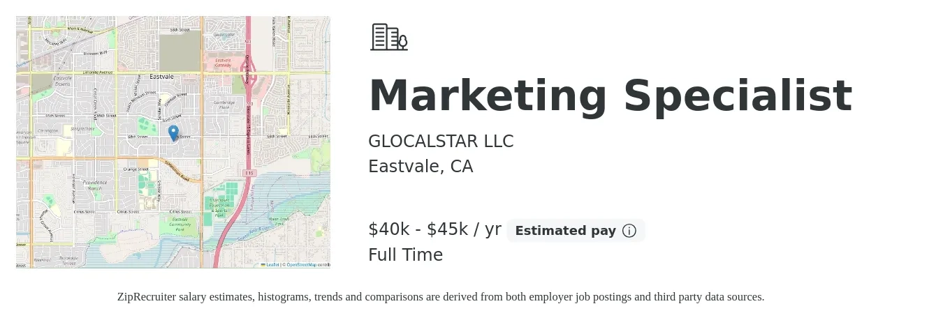 GLOCALSTAR LLC job posting for a Marketing Specialist in Eastvale, CA with a salary of $40,000 to $45,000 Yearly with a map of Eastvale location.