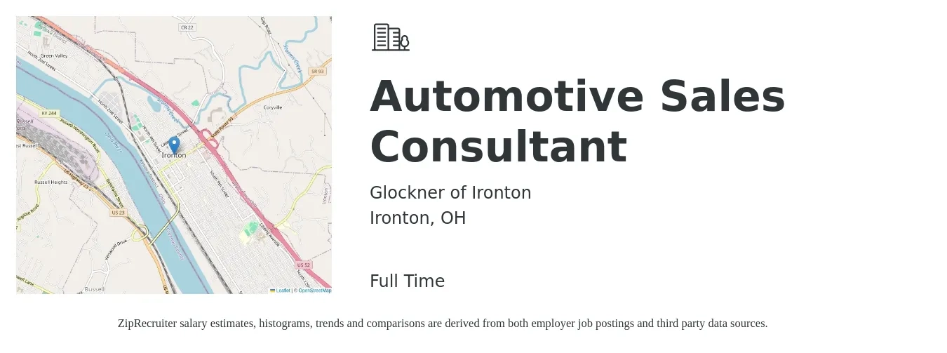 Glockner of Ironton job posting for a Automotive Sales Consultant in Ironton, OH with a salary of $32,200 to $62,900 Yearly with a map of Ironton location.