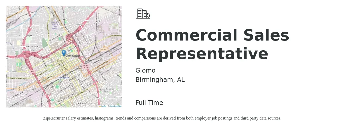 Glomo job posting for a Commercial Sales Representative in Birmingham, AL with a salary of $42,600 to $61,900 Yearly with a map of Birmingham location.