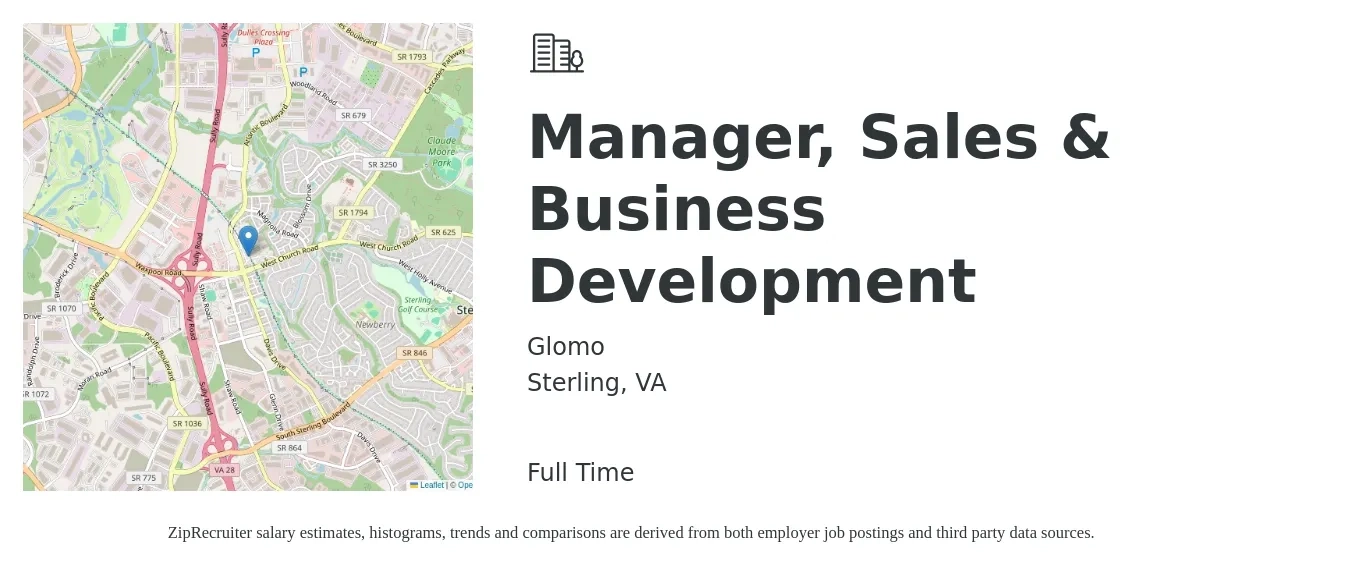 Glomo job posting for a Manager, Sales & Business Development in Sterling, VA with a salary of $58,100 to $105,500 Yearly with a map of Sterling location.
