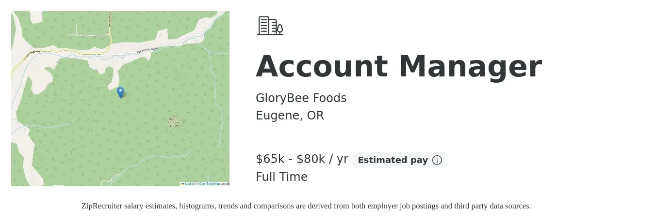 GloryBee Foods job posting for a Account Manager in Eugene, OR with a salary of $65,000 to $80,000 Yearly with a map of Eugene location.