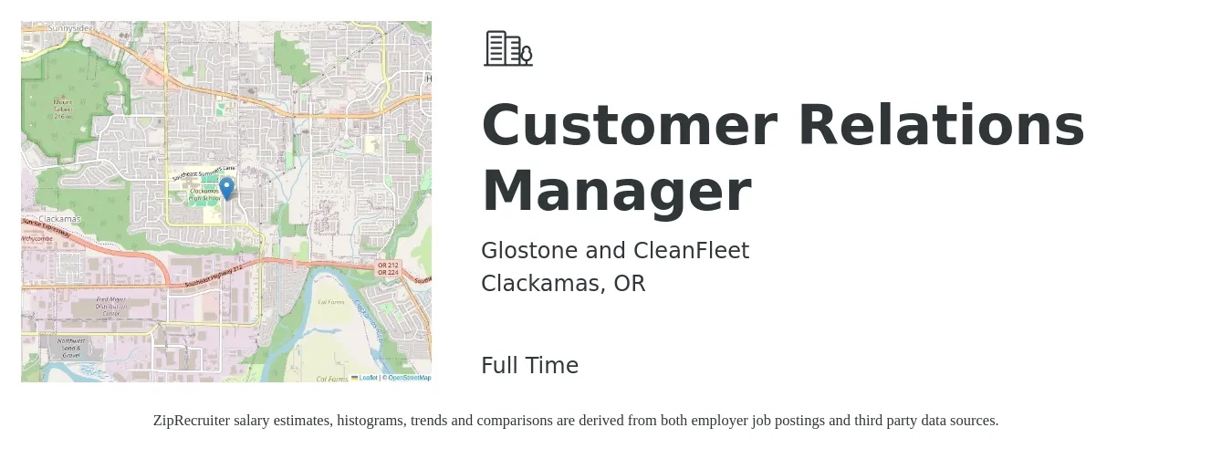 Glostone and CleanFleet job posting for a Customer Relations Manager in Clackamas, OR with a salary of $20 to $34 Hourly with a map of Clackamas location.