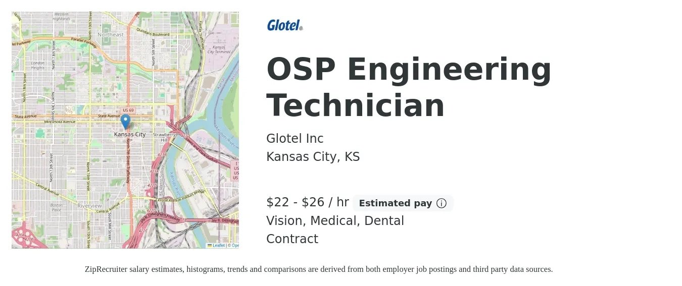 Glotel Inc job posting for a OSP Engineering Technician in Kansas City, KS with a salary of $23 to $28 Hourly and benefits including life_insurance, medical, pto, retirement, vision, and dental with a map of Kansas City location.