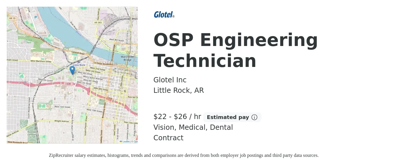 Glotel Inc job posting for a OSP Engineering Technician in Little Rock, AR with a salary of $23 to $28 Hourly and benefits including medical, pto, retirement, vision, dental, and life_insurance with a map of Little Rock location.