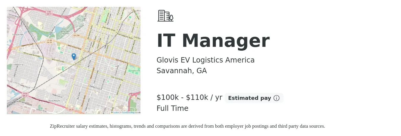 Glovis EV Logistics America job posting for a IT Manager in Savannah, GA with a salary of $100,000 to $110,000 Yearly with a map of Savannah location.