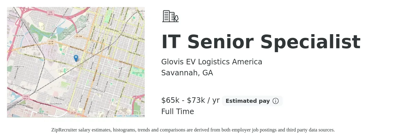 Glovis EV Logistics America job posting for a IT Senior Specialist in Savannah, GA with a salary of $65,500 to $73,000 Yearly with a map of Savannah location.