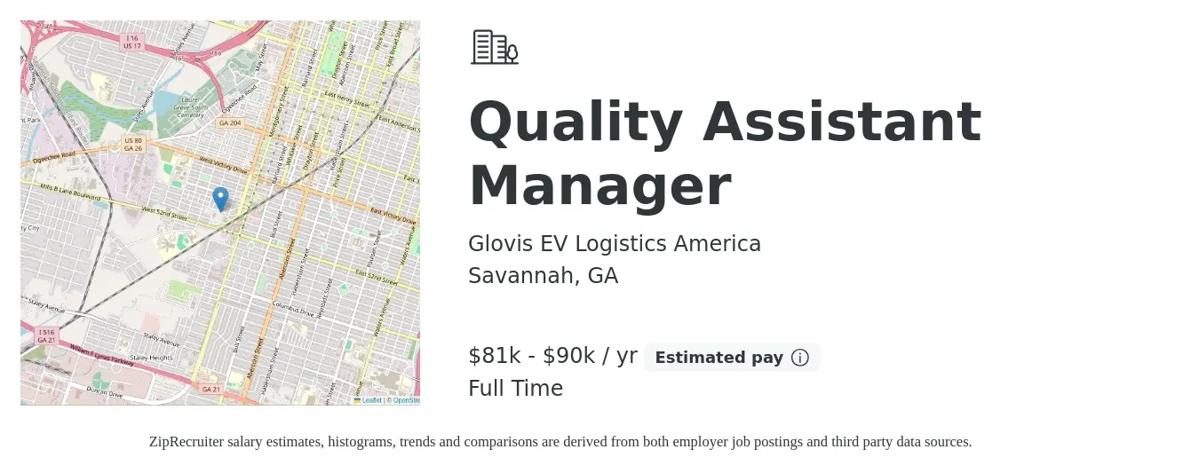 Glovis EV Logistics America job posting for a Quality Assistant Manager in Savannah, GA with a salary of $81,200 to $90,500 Yearly with a map of Savannah location.