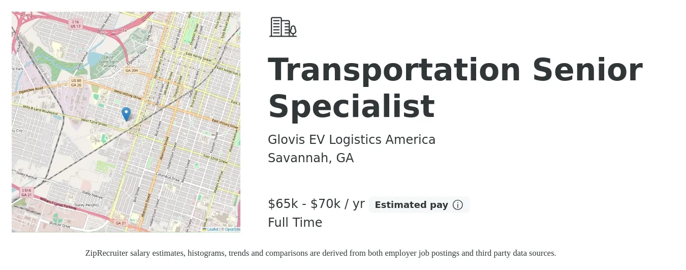 Glovis EV Logistics America job posting for a Transportation Senior Specialist in Savannah, GA with a salary of $65,500 to $70,000 Yearly with a map of Savannah location.