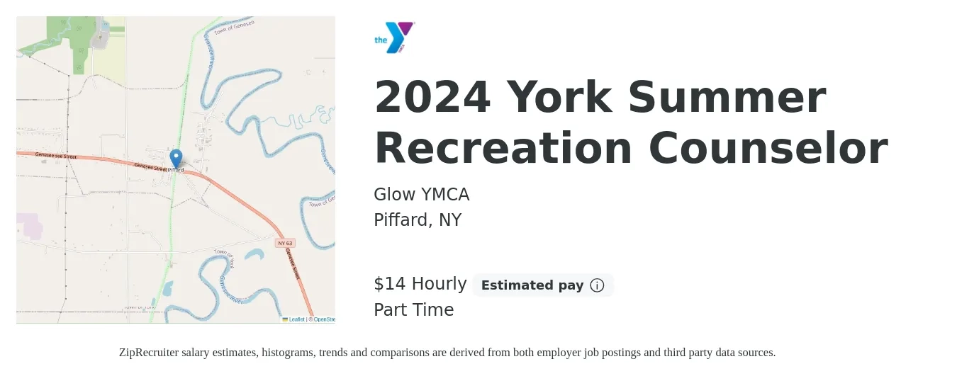 Glow YMCA job posting for a 2024 York Summer Recreation Counselor in Piffard, NY with a salary of $15 to $16 Hourly with a map of Piffard location.