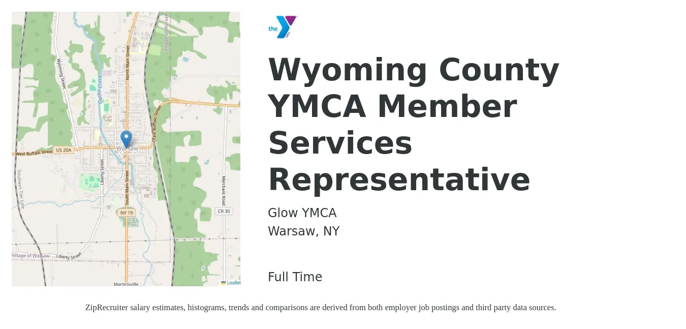 Glow YMCA job posting for a Wyoming County YMCA Member Services Representative in Warsaw, NY with a salary of $11 to $18 Hourly with a map of Warsaw location.