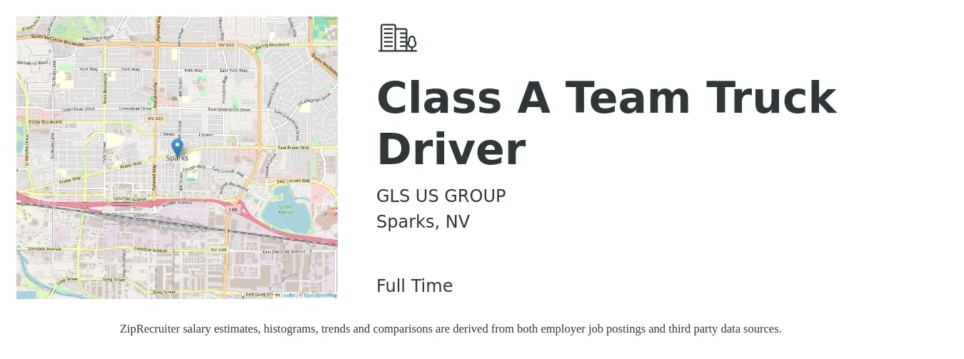 GLS US GROUP job posting for a Class A Team Truck Driver in Sparks, NV with a salary of $1,700 Weekly with a map of Sparks location.