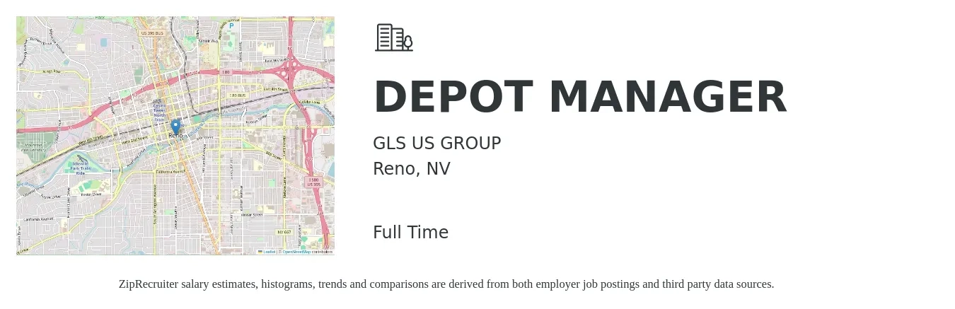 GLS US GROUP job posting for a DEPOT MANAGER in Reno, NV with a salary of $68,300 to $89,700 Yearly with a map of Reno location.