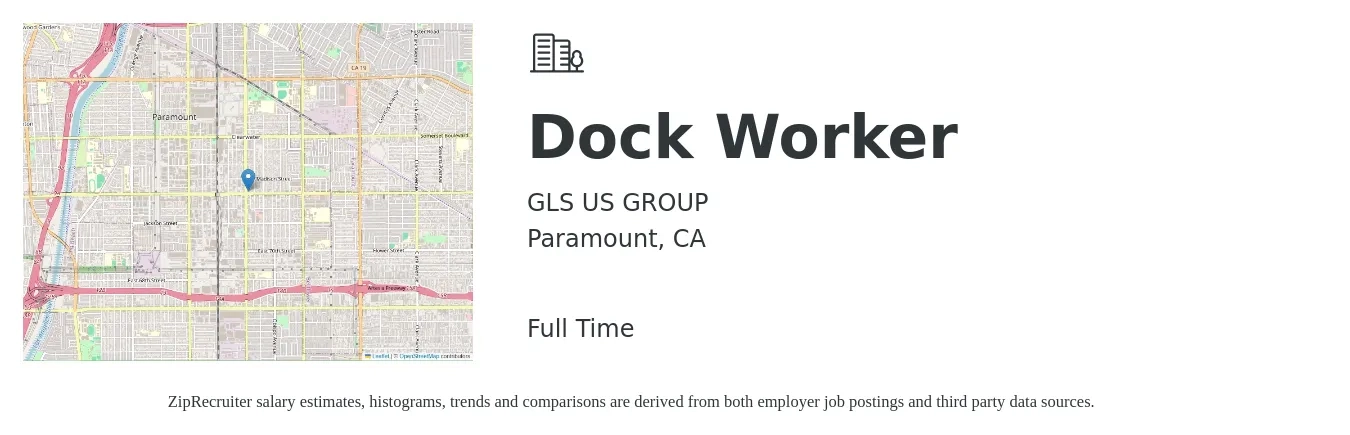 GLS US GROUP job posting for a Dock Worker in Paramount, CA with a salary of $18 to $26 Hourly with a map of Paramount location.