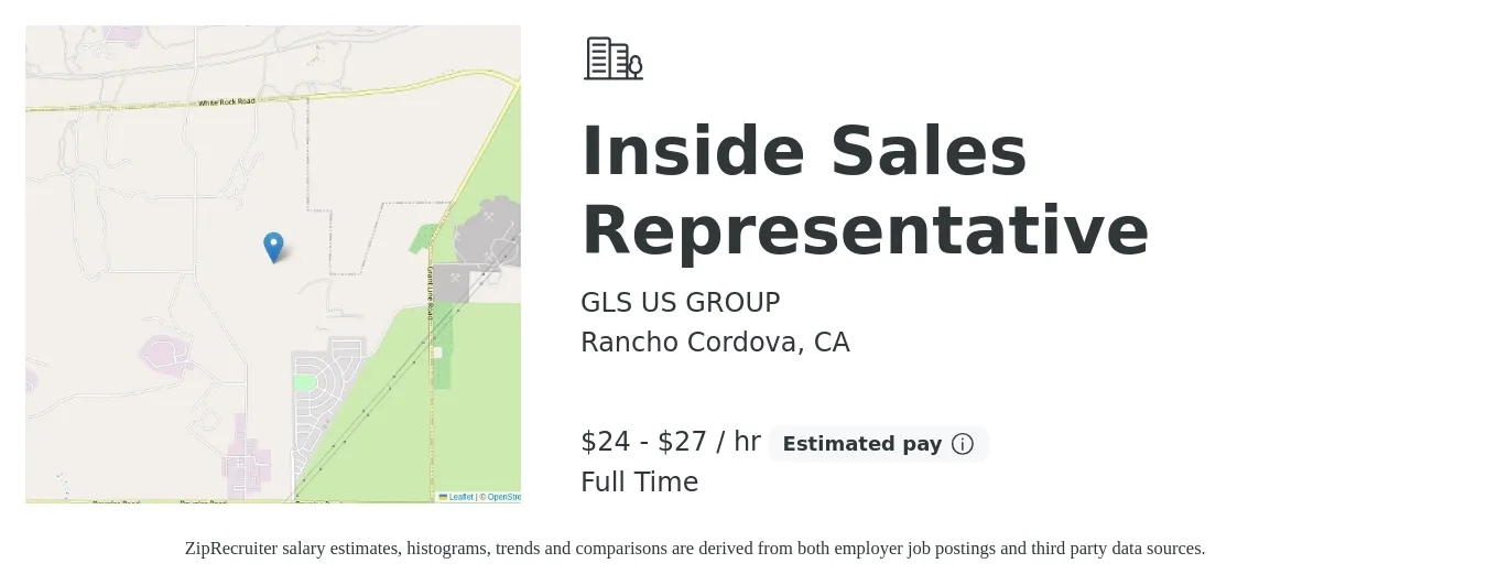 GLS US GROUP job posting for a Inside Sales Representative in Rancho Cordova, CA with a salary of $25 to $29 Hourly with a map of Rancho Cordova location.