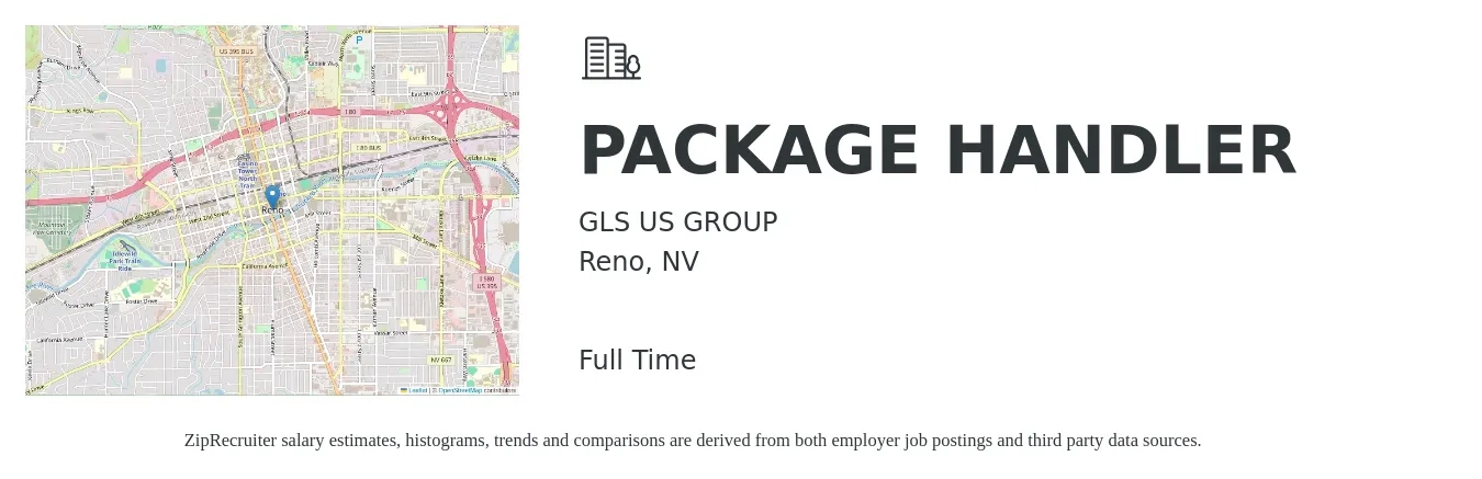 GLS US GROUP job posting for a PACKAGE HANDLER in Reno, NV with a salary of $16 to $20 Hourly with a map of Reno location.