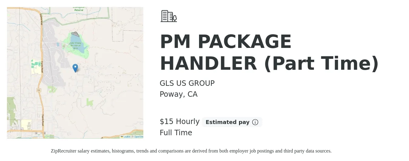 GLS US GROUP job posting for a PM PACKAGE HANDLER (Part Time) in Poway, CA with a salary of $17 to $20 Hourly with a map of Poway location.