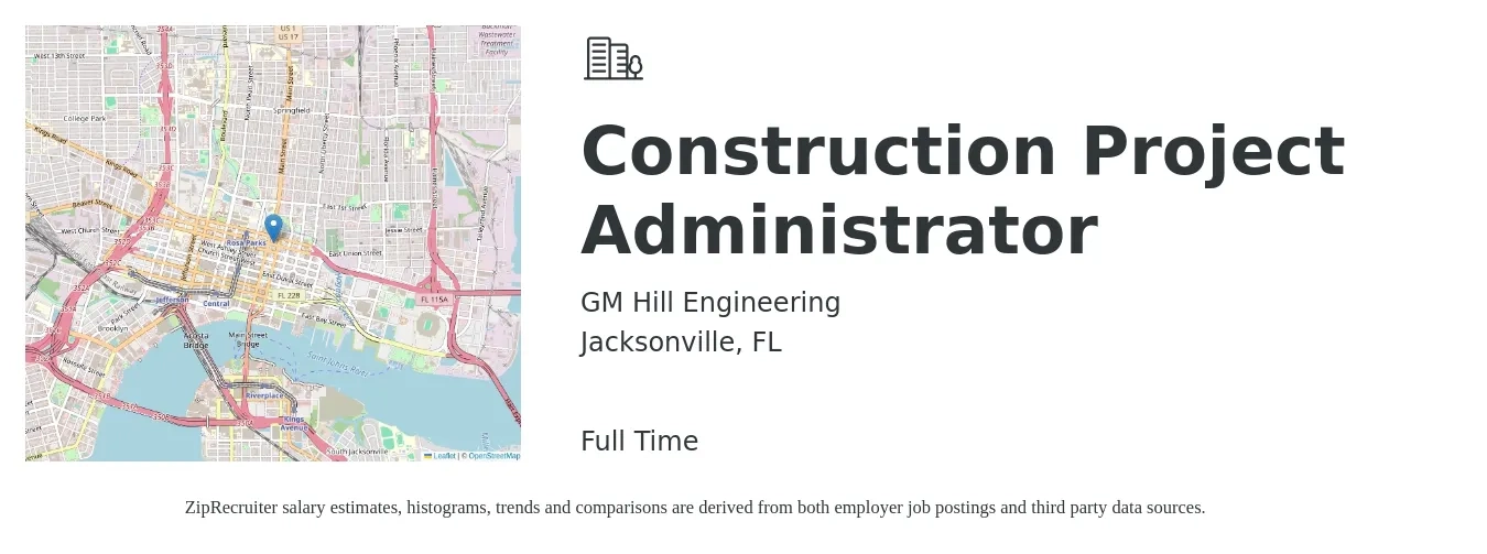 GM Hill Engineering job posting for a Construction Project Administrator in Jacksonville, FL with a salary of $23 to $30 Hourly with a map of Jacksonville location.