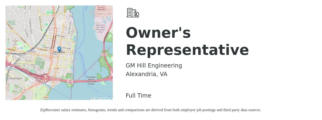 GM Hill Engineering job posting for a Owner's Representative in Alexandria, VA with a salary of $43,800 to $88,700 Yearly with a map of Alexandria location.