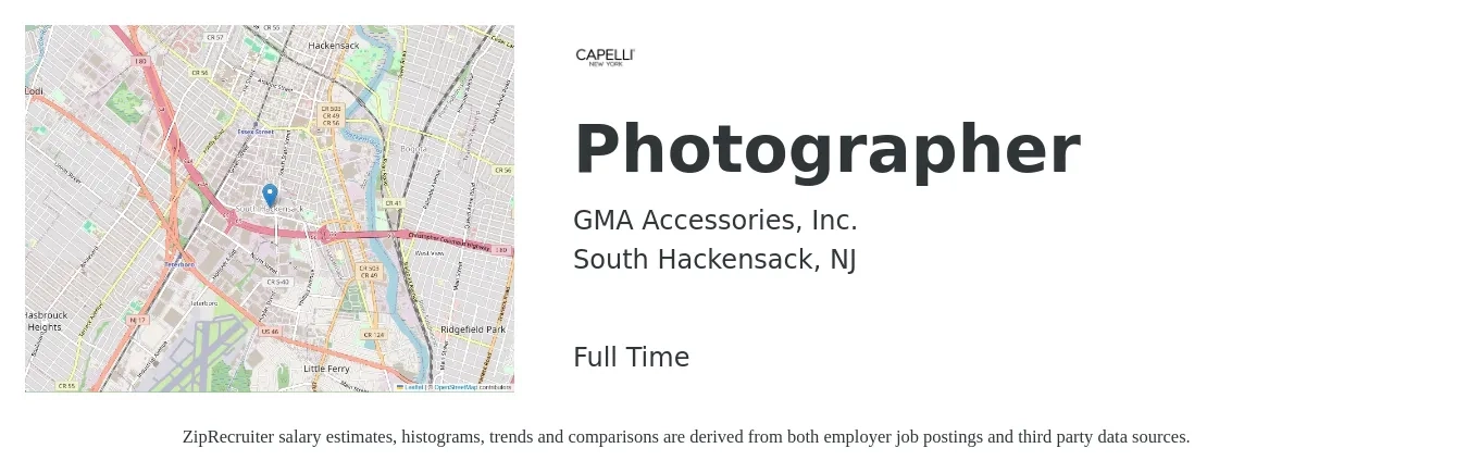 GMA Accessories, Inc. job posting for a Photographer in South Hackensack, NJ with a salary of $17 to $24 Hourly with a map of South Hackensack location.