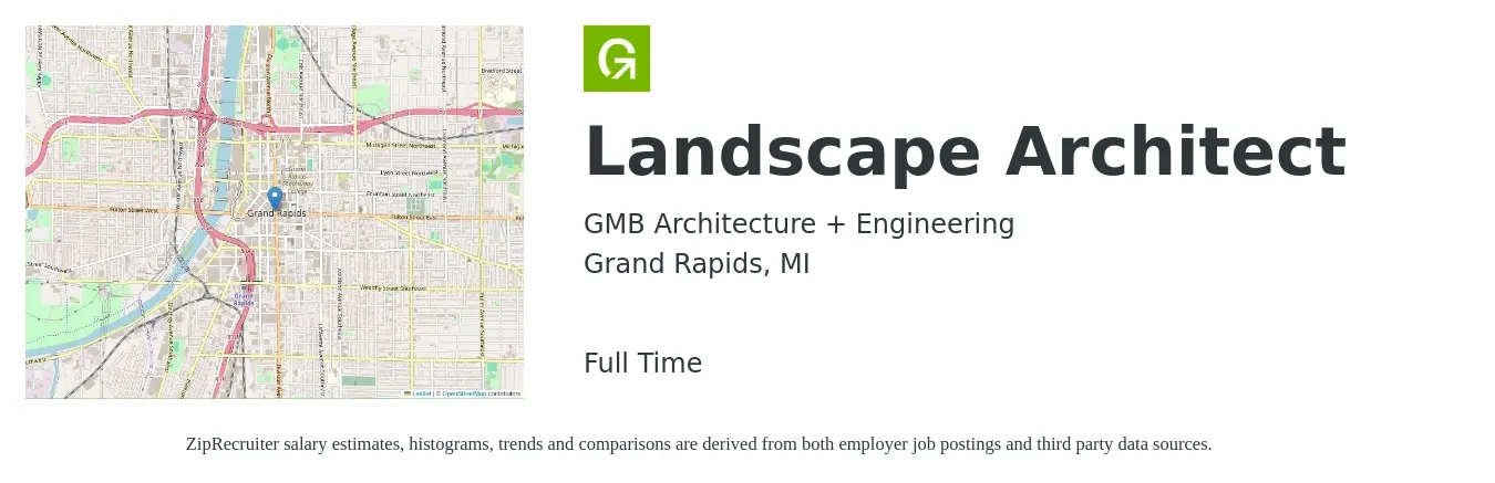 GMB Architecture + Engineering job posting for a Landscape Architect in Grand Rapids, MI with a salary of $66,300 to $91,200 Yearly with a map of Grand Rapids location.