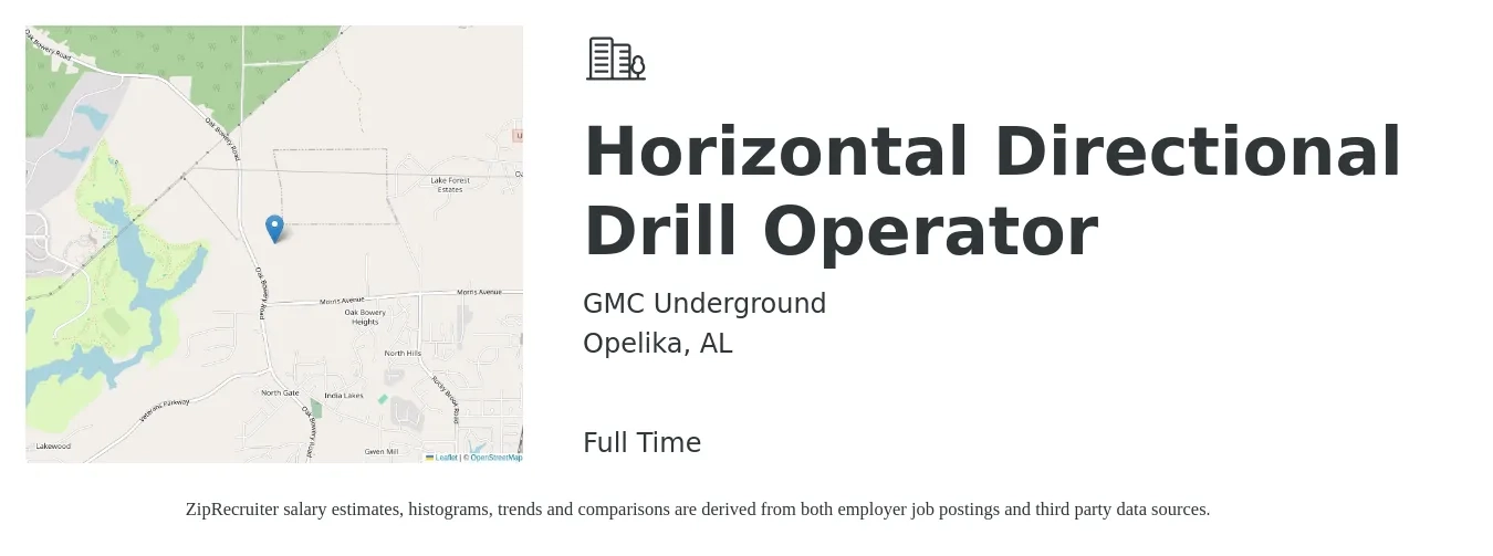 GMC Underground job posting for a Horizontal Directional Drill Operator in Opelika, AL with a salary of $25 Hourly with a map of Opelika location.
