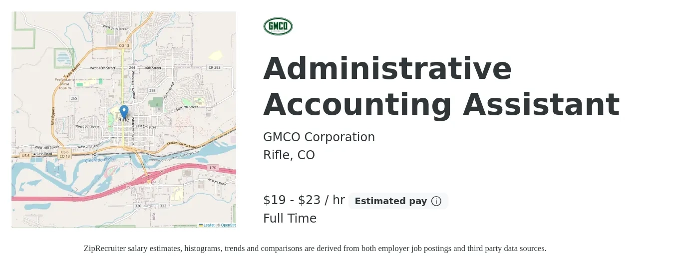GMCO Corporation job posting for a Administrative Accounting Assistant in Rifle, CO with a salary of $20 to $24 Hourly with a map of Rifle location.