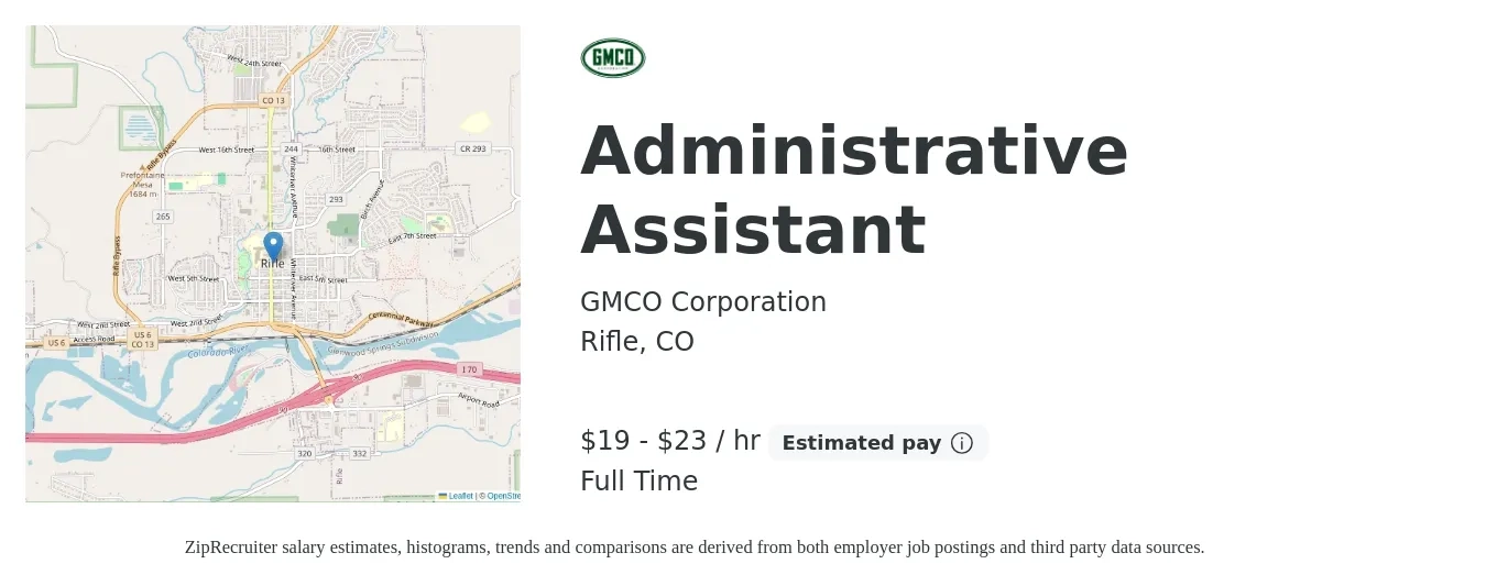 GMCO Corporation job posting for a Administrative Assistant in Rifle, CO with a salary of $20 to $24 Hourly with a map of Rifle location.