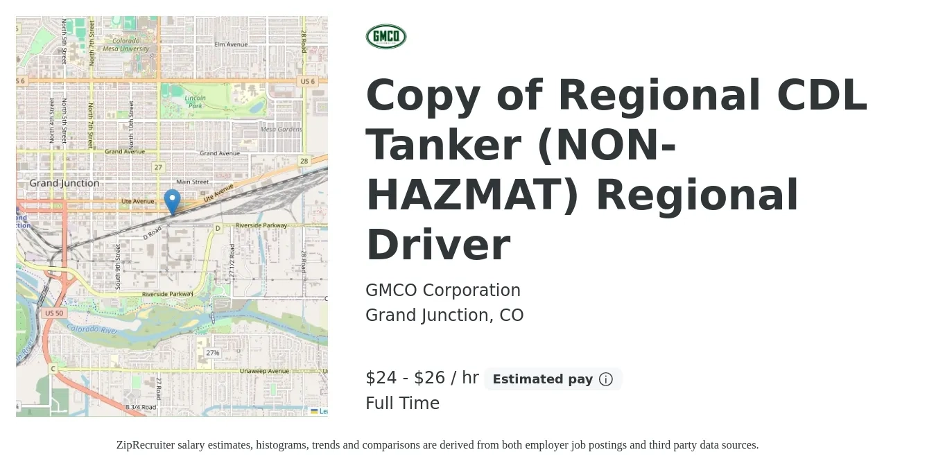 GMCO Corporation job posting for a Copy of Regional CDL Tanker (NON-HAZMAT) Regional Driver in Grand Junction, CO with a salary of $25 to $28 Hourly with a map of Grand Junction location.