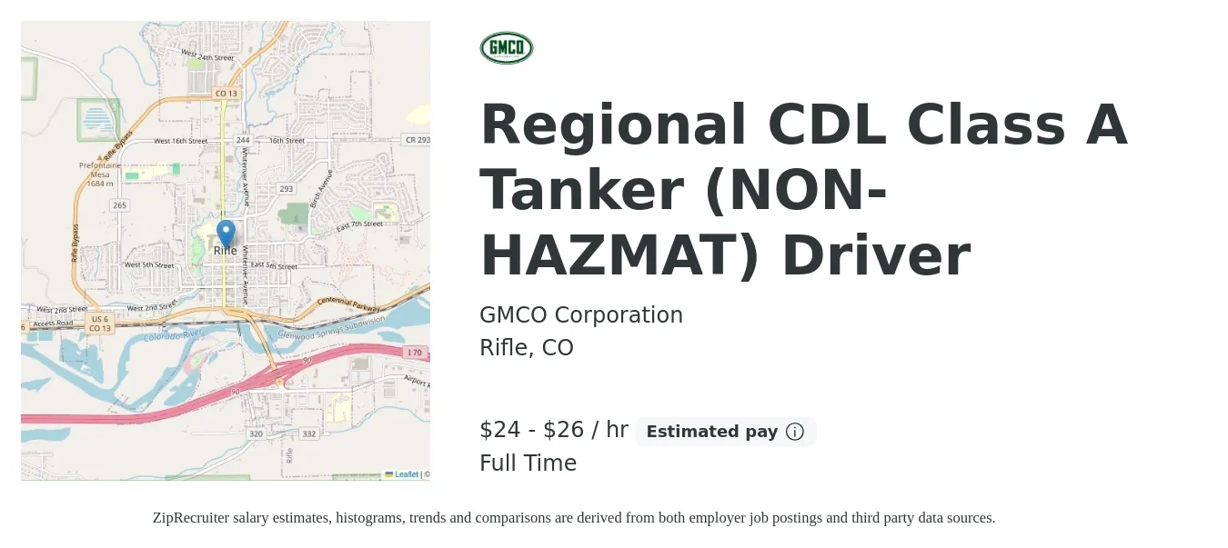 GMCO Corporation job posting for a Regional CDL Class A Tanker (NON-HAZMAT) Driver in Rifle, CO with a salary of $25 to $28 Hourly with a map of Rifle location.