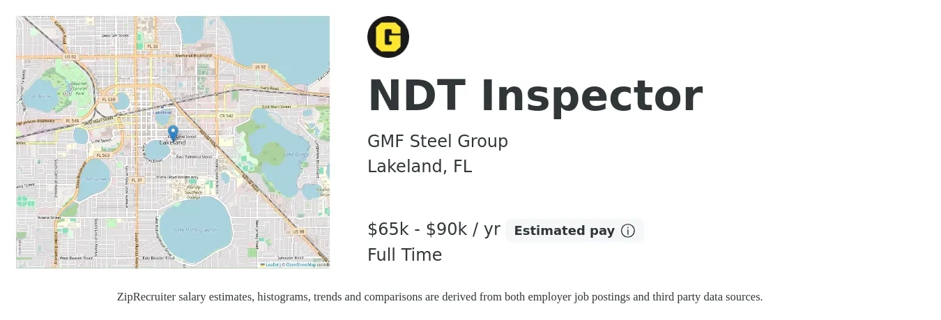 GMF Steel Group job posting for a NDT Inspector in Lakeland, FL with a salary of $65,000 to $90,000 Yearly with a map of Lakeland location.