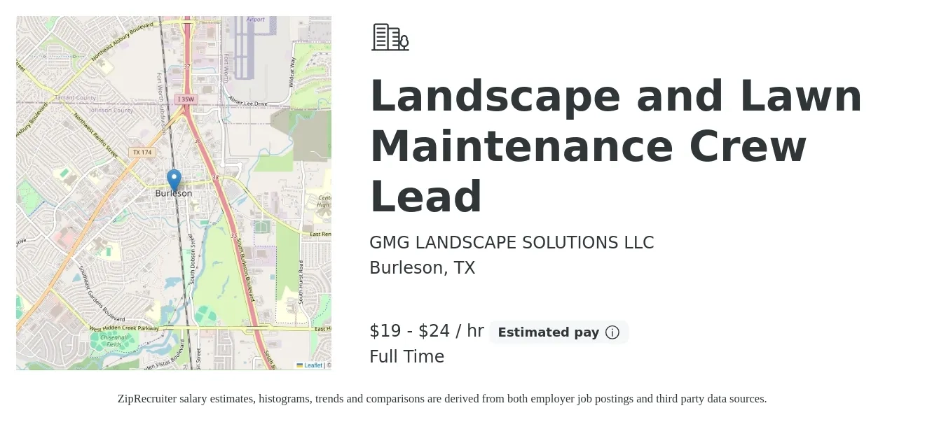 GMG LANDSCAPE SOLUTIONS LLC job posting for a Landscape and Lawn Maintenance Crew Lead in Burleson, TX with a salary of $20 to $25 Hourly with a map of Burleson location.