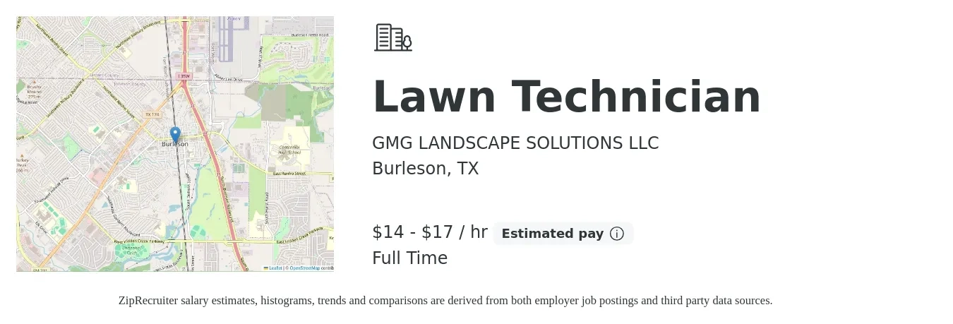GMG LANDSCAPE SOLUTIONS LLC job posting for a Lawn Technician in Burleson, TX with a salary of $15 to $18 Hourly with a map of Burleson location.