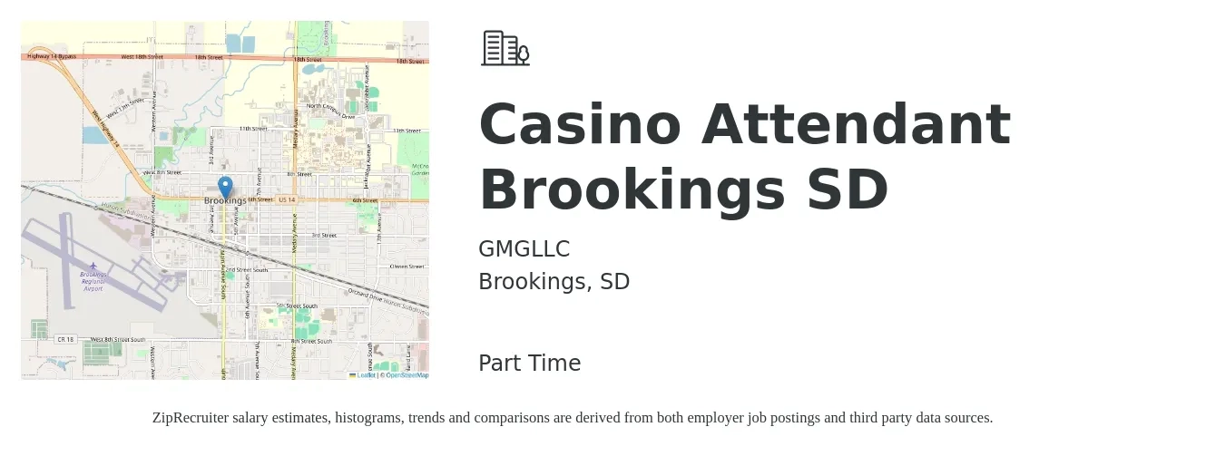 GMGLLC job posting for a Casino Attendant Brookings SD in Brookings, SD with a salary of $12 to $15 Hourly with a map of Brookings location.