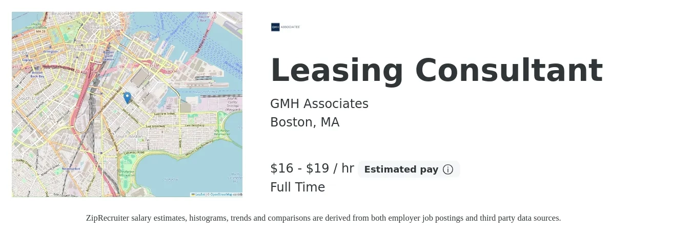 GMH Associates job posting for a Leasing Consultant in Boston, MA with a salary of $18 to $20 Hourly with a map of Boston location.