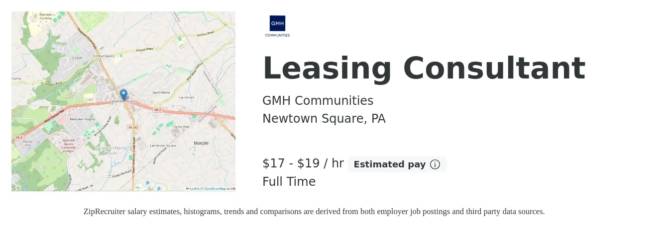 GMH Communities job posting for a Leasing Consultant in Newtown Square, PA with a salary of $18 to $20 Hourly with a map of Newtown Square location.