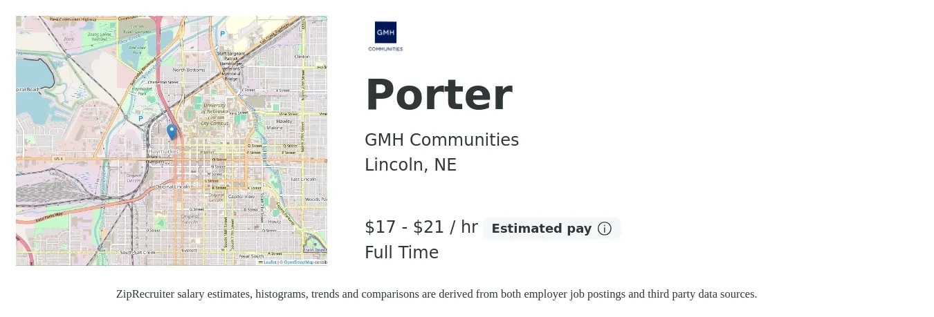GMH Communities job posting for a Porter in Lincoln, NE with a salary of $18 to $22 Hourly with a map of Lincoln location.