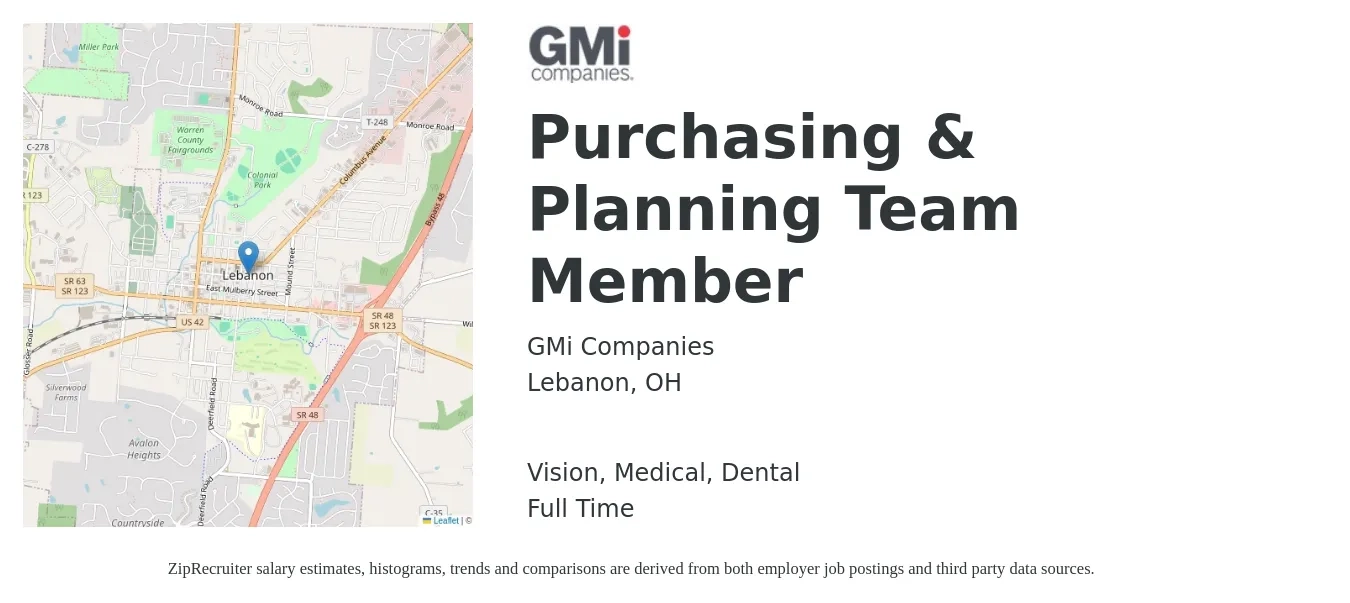 GMi Companies job posting for a Purchasing & Planning Team Member in Lebanon, OH with a salary of $17 to $22 Hourly and benefits including retirement, vision, dental, life_insurance, and medical with a map of Lebanon location.