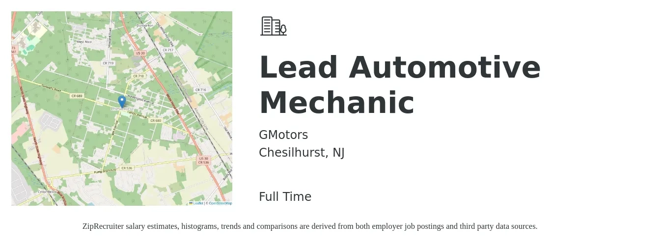 GMotors job posting for a Lead Automotive Mechanic in Chesilhurst, NJ with a salary of $1,000 to $2,500 Weekly with a map of Chesilhurst location.