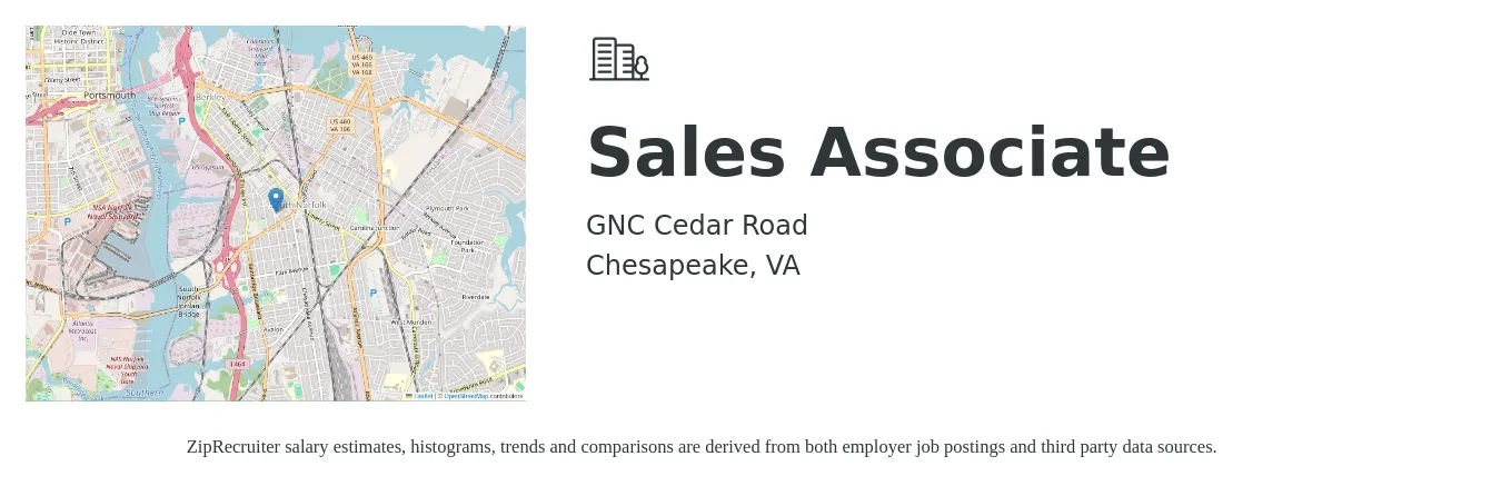 GNC Cedar Road job posting for a Sales Associate in Chesapeake, VA with a salary of $13 to $18 Hourly with a map of Chesapeake location.