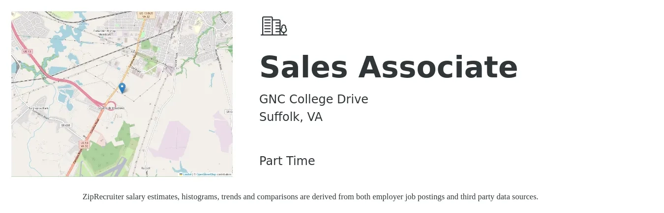 GNC College Drive job posting for a Sales Associate in Suffolk, VA with a salary of $12 to $17 Hourly with a map of Suffolk location.