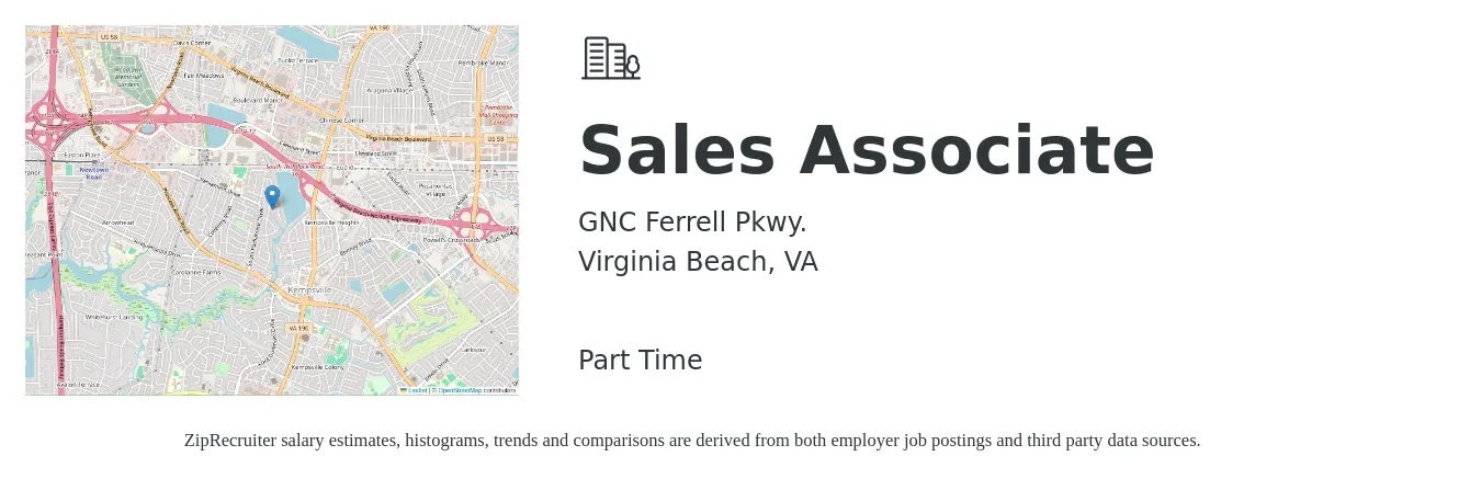 GNC Ferrell Pkwy. job posting for a Sales Associate in Virginia Beach, VA with a salary of $12 to $16 Hourly with a map of Virginia Beach location.