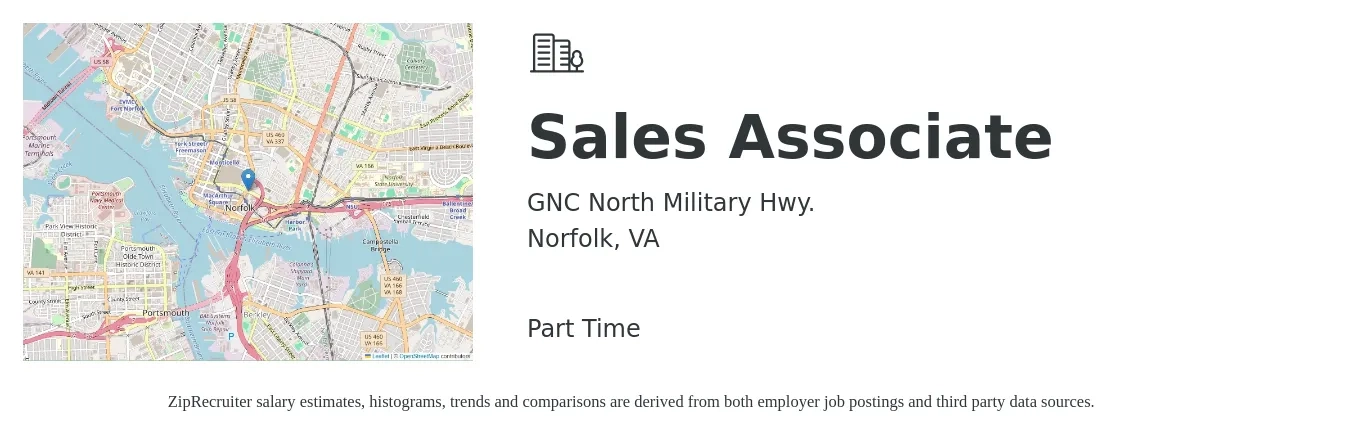 GNC North Military Hwy. job posting for a Sales Associate in Norfolk, VA with a salary of $12 to $16 Hourly with a map of Norfolk location.