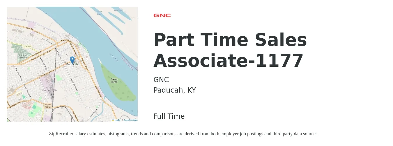 GNC job posting for a Part Time Sales Associate-1177 in Paducah, KY with a salary of $14 to $19 Hourly with a map of Paducah location.